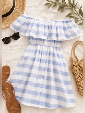 Lulus Blue White Striped Off Shoulder Mini Dress XS Summer